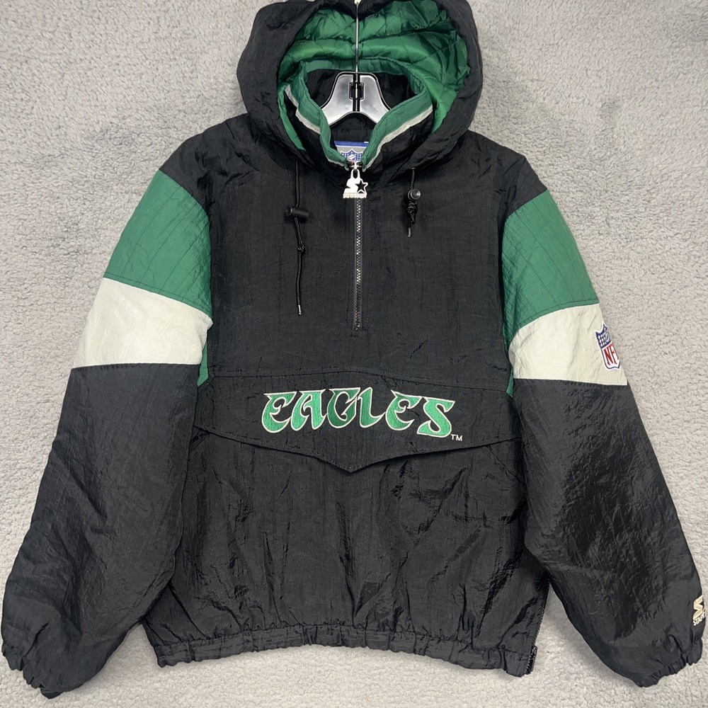 VTG Philadelphia Eagles Starter Windbreaker Men Sz S Black Nylon Hooded Pullover